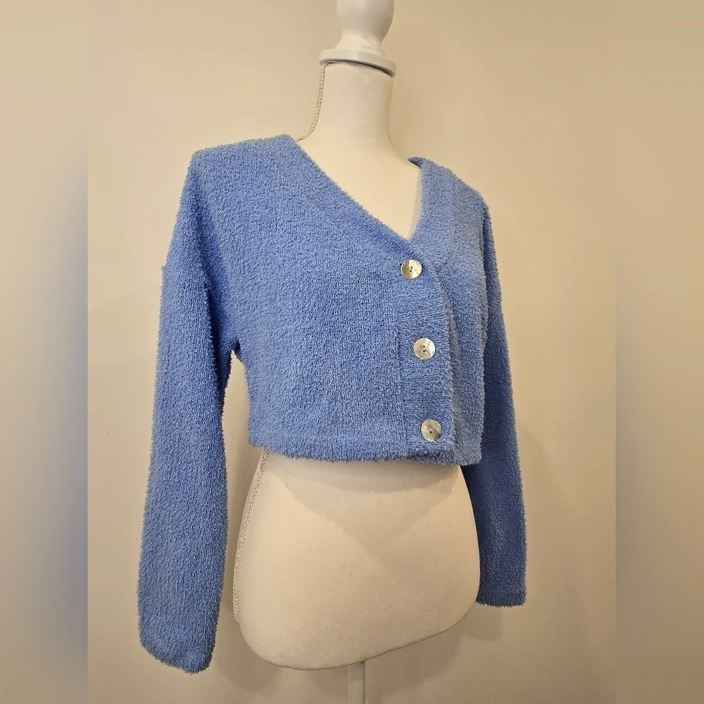 NWT Blue V-Neck Button-Up Women Sweater - Picture 7 of 9